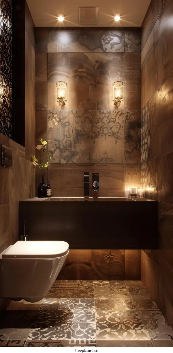 Luxury bathroom interior with marble tiles and golden elements
