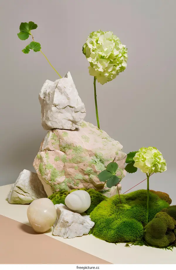 Green Flowers and Stones with Moss on a Beige Background