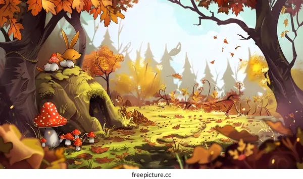 Autumn Forest Illustration with Rabbits and Mushrooms