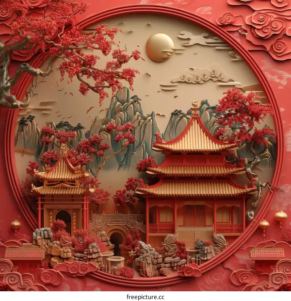 Chinese Architectural Landscape Illustration with Red and Gold Accents
