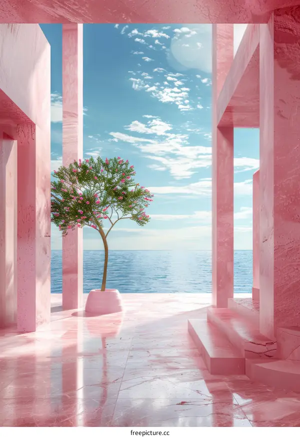 Pink Architectural Seascape Illustration