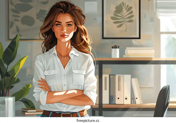 portrait of a beautiful woman in a white shirt standing in an office