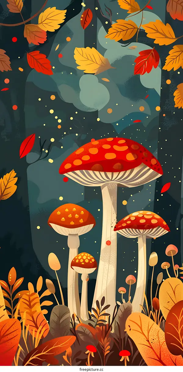 Autumn Forest with Red and Yellow Mushrooms Illustration