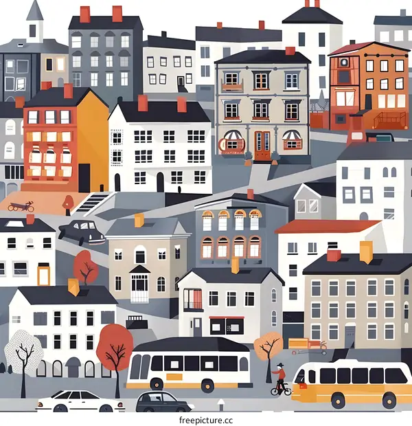 Colorful Illustration of a Cityscape with Buildings and Cars