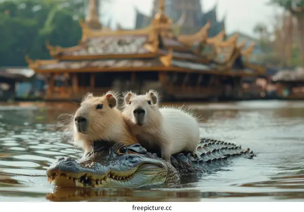 Two capybaras riding on a crocodile in a river with a temple in the background