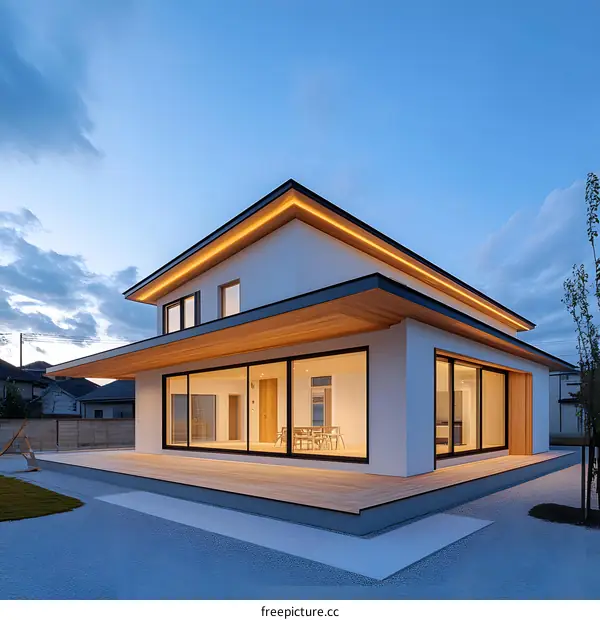 Modern White House with Wooden Accents and Large Windows