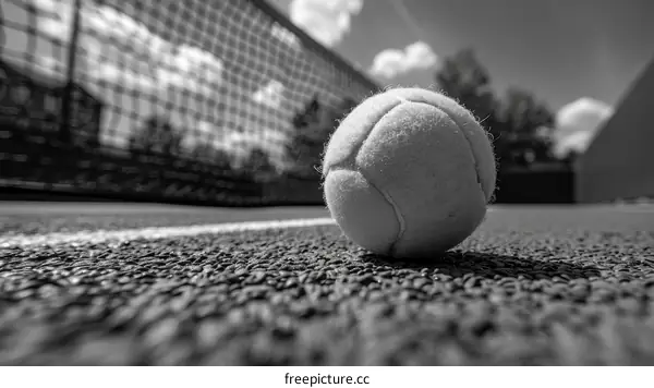 A black and white close up of a tennis ball on a tennis court with the net in the background
