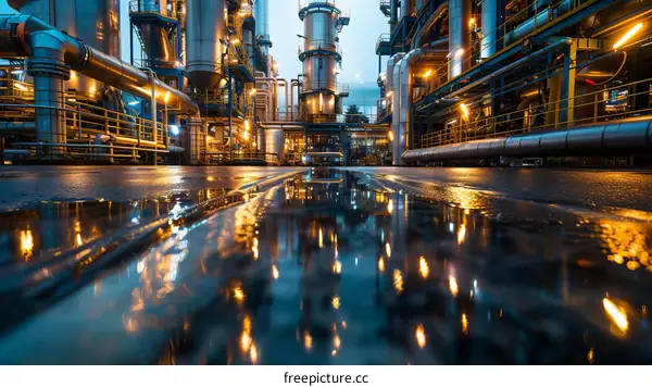 Oil refinery at night with rain puddles reflecting light