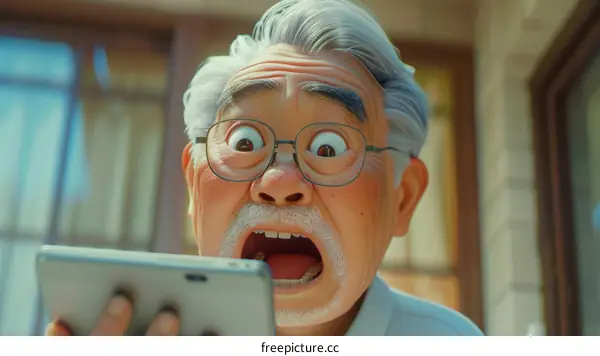 Surprised Elderly Man Looking at His Phone