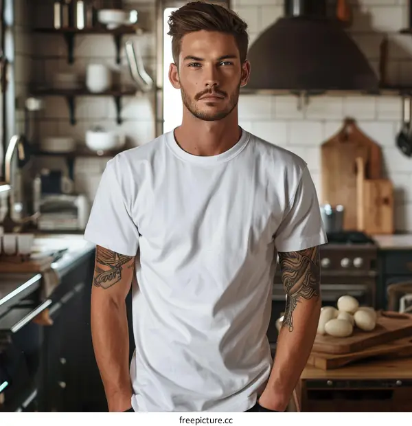 Portrait of a handsome young man standing in a kitchen with tattoos on his arms