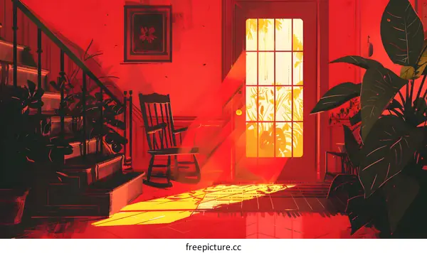Red Interior Illustration With Rocking Chair
