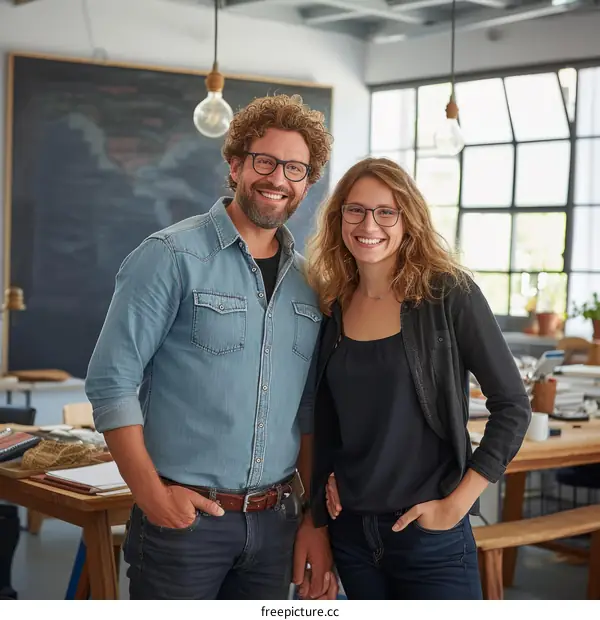 Portrait of a smiling man and woman standing in an office