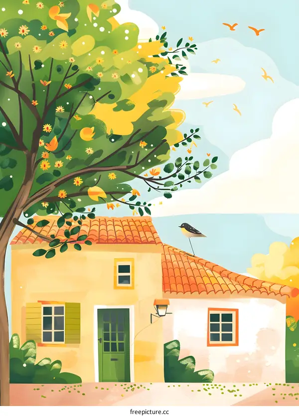 Charming Cottage Illustration with Yellow Flowers and a Bird on the Roof