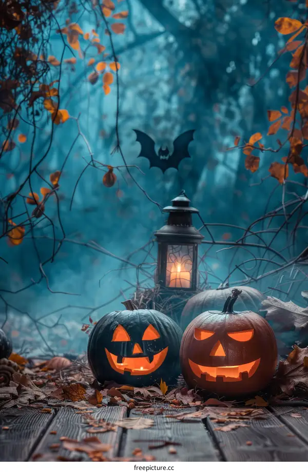 Halloween pumpkins in a spooky forest