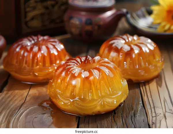 Close Up Of Three Shiny Brown And Yellow Cakes On A Wooden Table