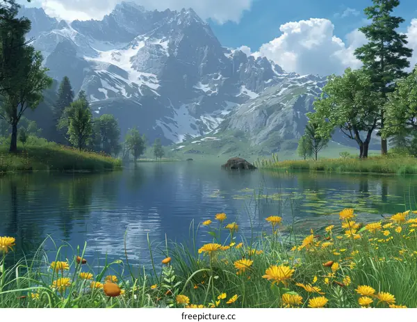 Mountains, Lake and Flowers