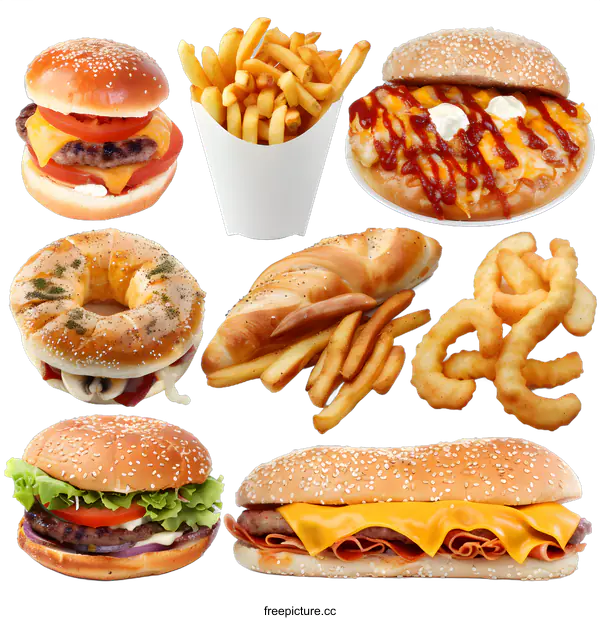 [Transparent Background PNG]Variety of Fast Food Sandwiches and Sides on a White Background