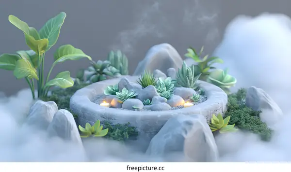 Minimalist 3D Render of Stone and Plants