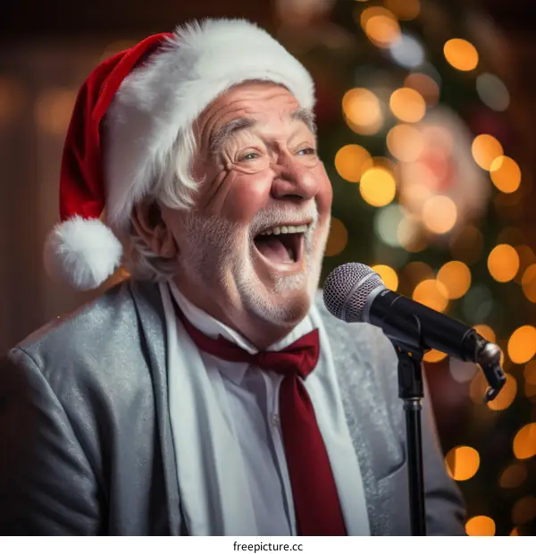 An old man wearing a Santa hat is singing into a microphone