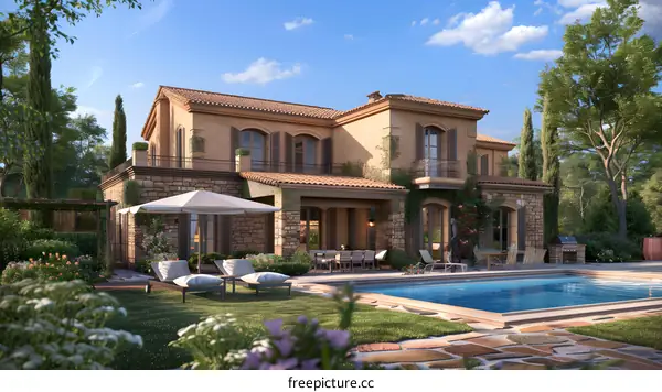 Modern Mediterranean Style Villa with Swimming Pool and Backyard Garden