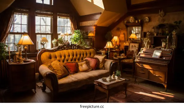 Ornate living room with sofa, table, and lamps