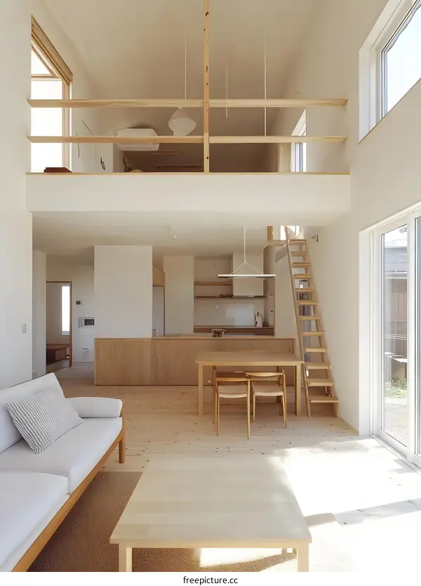 Modern Minimalist Loft Style Interior Design With Wooden Stairs and White Walls