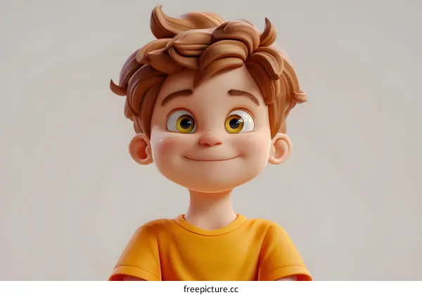 3D illustration of a happy smiling boy with freckles and brown hair
