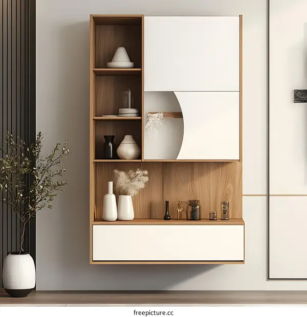 Modern Wooden Wall Shelf with Decorative Items