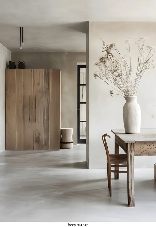 Minimalist Interior Design with Wooden Cabinet, Rustic Table, and Dried Flowers