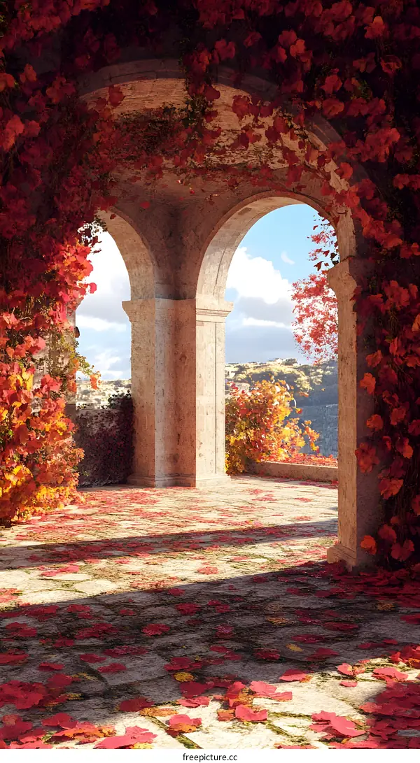 Stone Archway Covered in Autumn Leaves