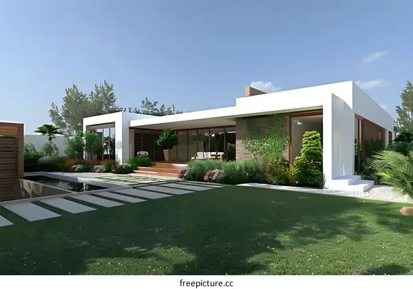 Modern Minimalist White House with Green Landscaping and Swimming Pool