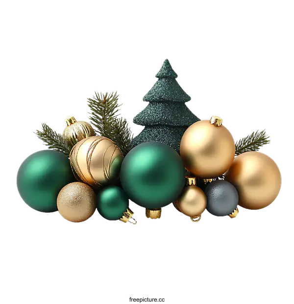 [Transparent Background PNG]Christmas Decorations Composition with Green and Gold Ornaments