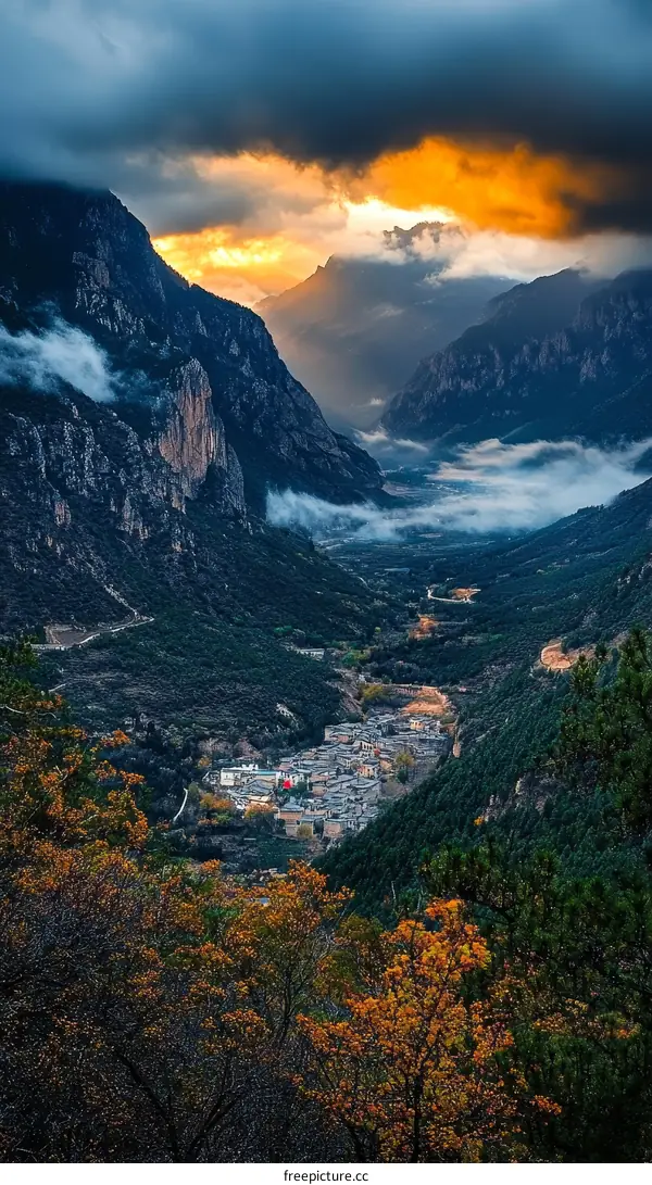 Autumn Mountain Valley Sunset View