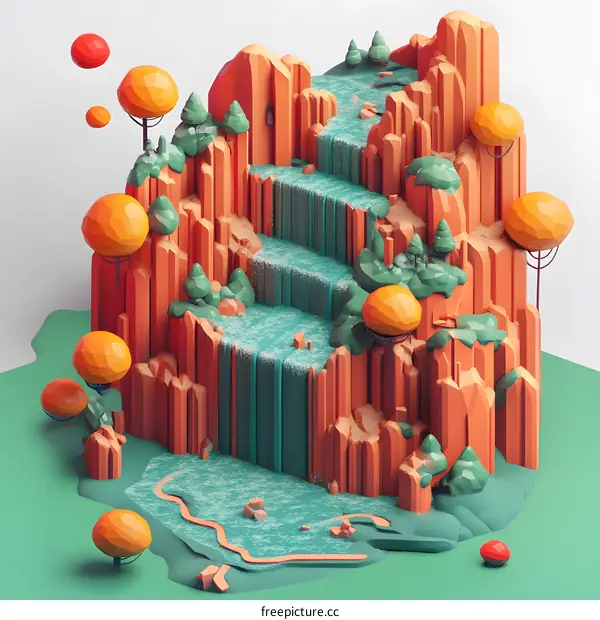 Low Poly Waterfall and Cliff Landscape