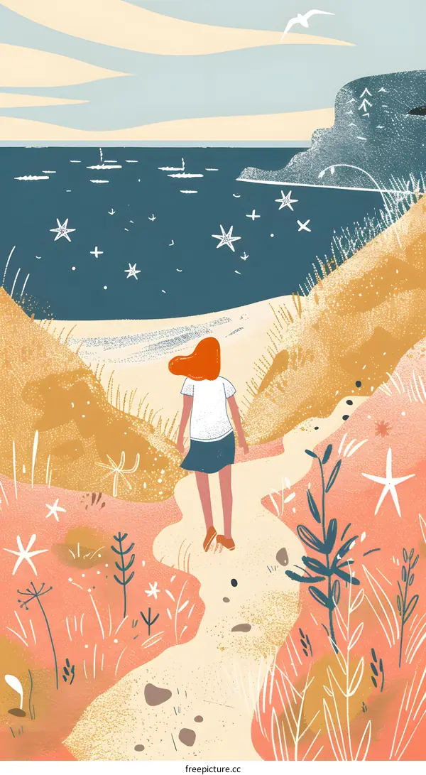 Woman Walking on Path Towards the Sea with Stars
