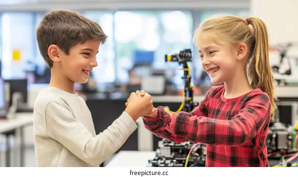 Two Children Sharing a Special Moment in a Technology Classroom