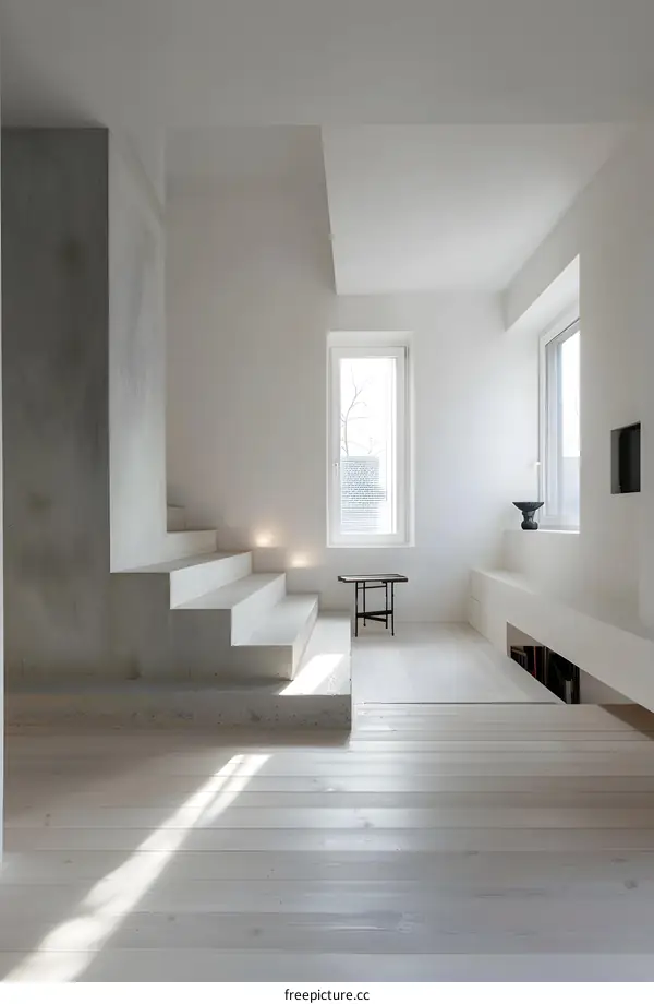 Modern Minimalist Interior Design with Concrete Stairs and Wooden Floor