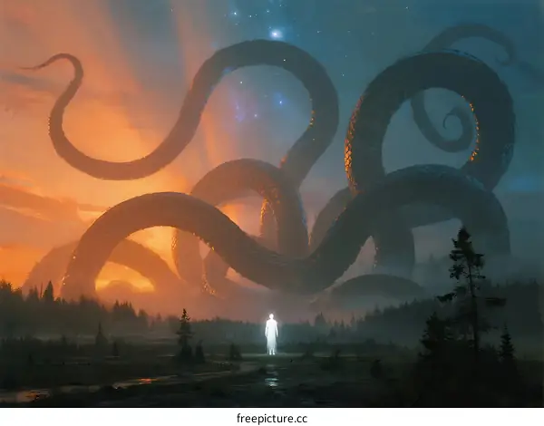 Enormous Serpentine Creature Overlooking Misty Forest at Sunset