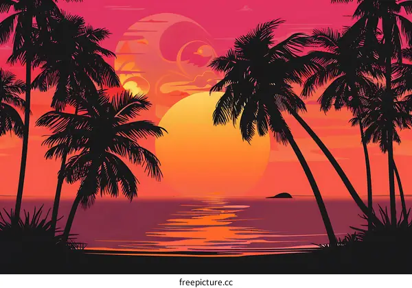 Silhouettes of Palm Trees on the Beach at Sunset
