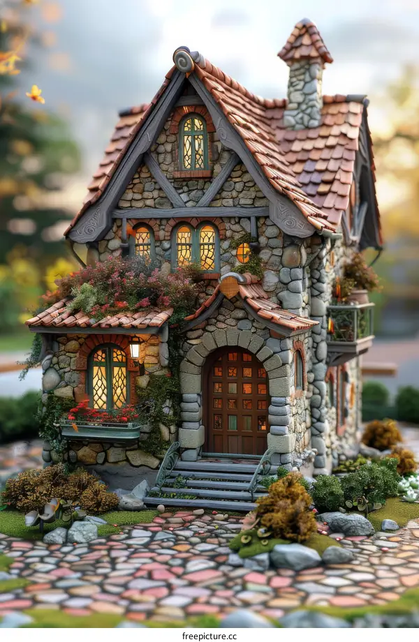 A cute stone cottage with a brown roof and a small garden