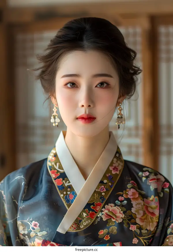 Portrait of a young Korean woman in traditional Korean dress, or hanbok