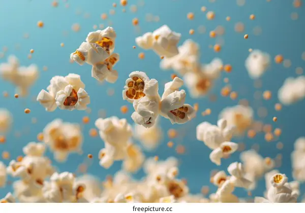 A handful of popcorn flies suspended in mid-air against a blue background