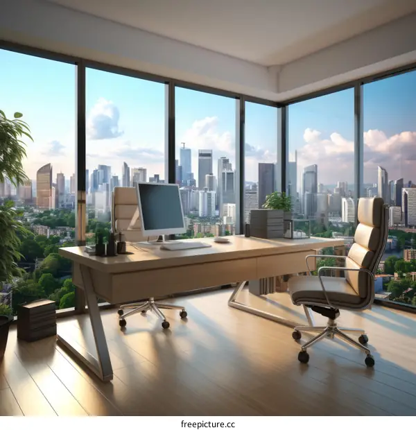 Modern Office Interior with Expansive Windows and City Skyline