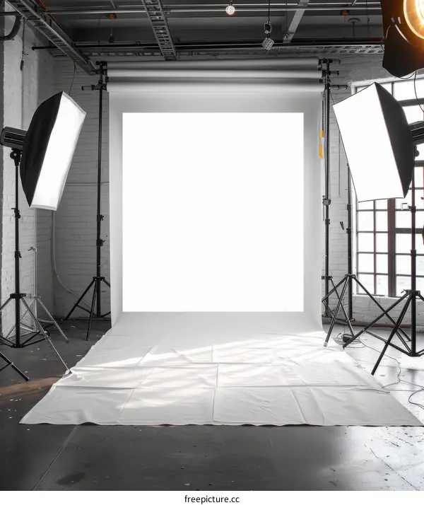 Empty Photo Studio with White Backdrop and Lighting Equipment