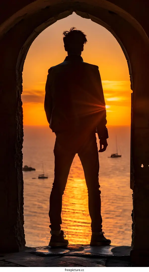 Silhouette of Man Standing in Archway Watching Sunset Over Ocean