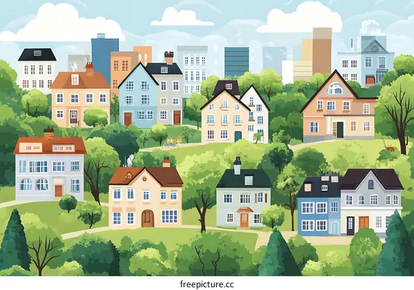 Colorful Houses and Green Trees in a Suburban Neighborhood