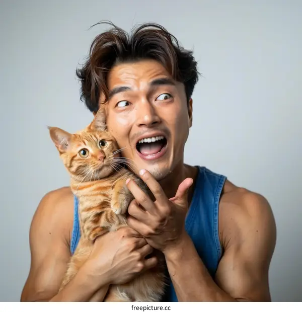 Surprised Asian man holding an orange cat