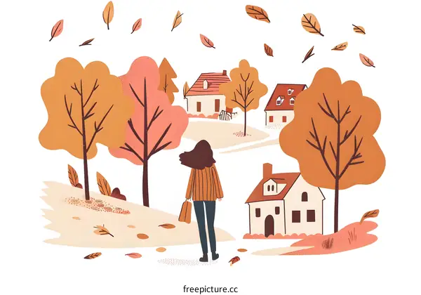 Woman Walking Through Autumn Village Illustration