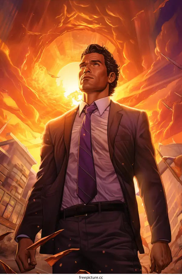 A man in a suit standing in front of a fiery background