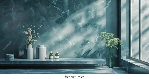 Minimalist bathroom interior with marble wall